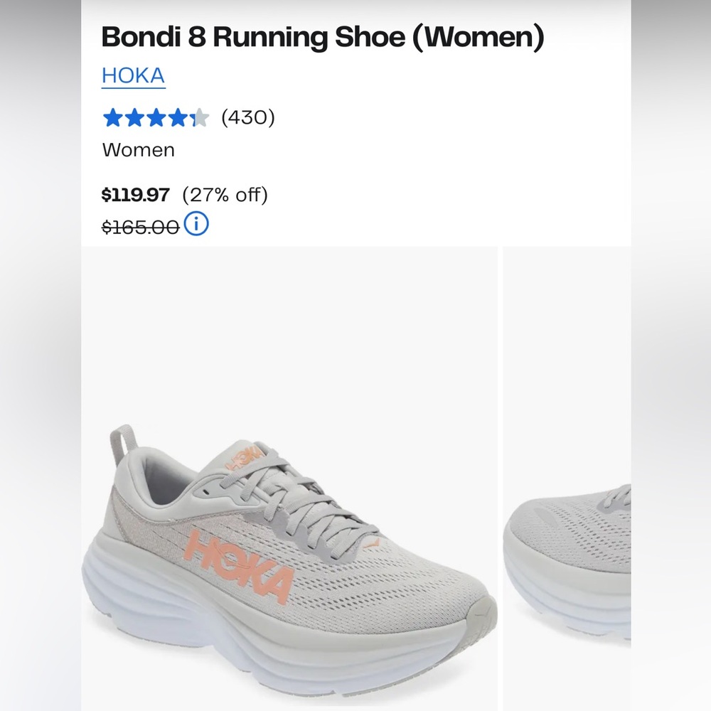 Hoka One One Bondi 8 Light Gray and Peach Athletic Shoes